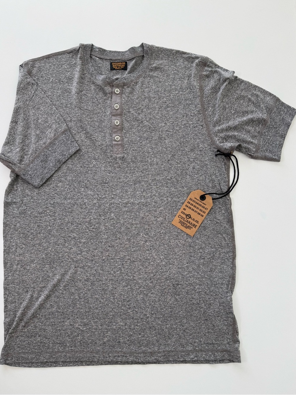 NWT CIVILIANAIRE Knitwear Short Sleeve Gray Henley Shirt Men’s Small Made in USA